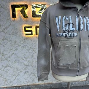 Sudadera con capucha desgastada con cremallera personalizada con estampado fino, chaqueta con cremallera con diamantes de imitación, lavado ácido, ropa de calle de lana lavada Vintage para hombres - Product Image 4