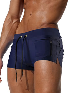 Short de bain pour homme en nylon et élasthanne extensible, séchage rapide, avec poche zippée - Couleur unie, taille à cordon de serrage pour la plage et la piscine - Product Image 5