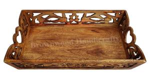 Bandeja de servicio de madera de mango tallada a mano redonda de alta calidad Nuevos diseños con características decorativas Hoteles Restaurantes Utensilios de cocina Uso - Product Image 4