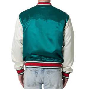 Blouson bombardier en satin pour hommes, style universitaire, boutonné aux poignets côtelés et à col rayé pour hommes - Product Image 2