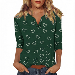 Women's Green V-<b>Neck</b> T-Shirt Heart Print Half Sleeve Casual Regular Fit Knitted Canvas Breathable Quick Dry Polyester Spring - Product Image 1