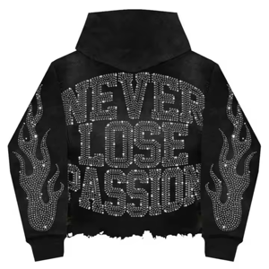 2025 Custom <b>Men</b> Winter Embroidered Cotton Blended 420 500 600 Gsm Heavyweight <b>Cropped</b> Graphic Oversized Boxy Rhinestone Hoodie - Product Image 5