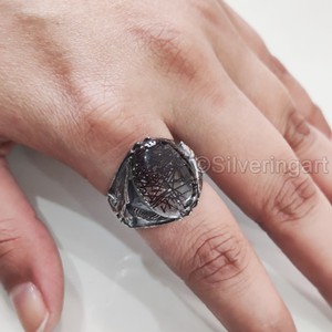 Anillo de Plata de Ley 925 para Hombre al por Mayor con Cuarzo Rutilado Negro Natural, Piedra de Nacimiento, Águila, Joyería Árabe, Regalo de Navidad - Product Image 5