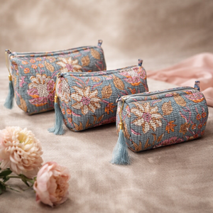 Bohemian Quilted Floral Toiletry Pouch Set - Handcrafted Cotton <b>Cosmetic</b> Travel <b>Bags</b> - Product Image 3