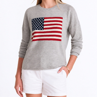 Pull en maille gris chiné personnalisé pour femme, motif drapeau américain, col rond, style décontracté, essentiel automne-hiver
