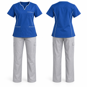 Ensemble de tenue médicale personnalisé pour femme : Haut bleu col en V et pantalon cargo gris, en tissu tissé coton-polyester, avec détection d'aiguilles - Product Image 1