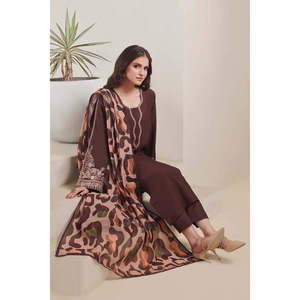 Women's <b>Batik</b>-3PC Dhanak Embroidered Shirt with Courtrai Printed Shawl and Trouser-BIC-4277 Suit Set - Product Image 2