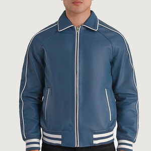 NIMBORO SPORTSWEAR <b>Men's</b> Blue Genuine <b>Leather</b> Bomber <b>Jacket</b> Mandarin Collar Zip Front Casual Regular Fit Solid Color White Trim - Product Image 3