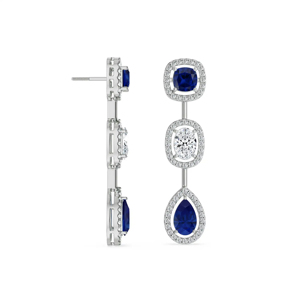 Boucles d'oreilles en saphir bleu naturel et diamants, forme poire, halo, pendantes, or blanc 18 carats, bijoux de mariage - Product Image 3