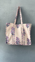 Tas Tote Bohemian Besar Wanita Berbahan Katun India Buatan Tangan dengan Cetakan Blok dan Jahitan, Motif Bunga, Resleting, Cocok untuk Musim Dingin/Musim Panas/Musim Gugur/Musim Semi