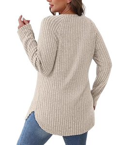 เสื้อสเวตเตอร์คอกลมแขนยาวสำหรับผู้หญิงเสื้อกันหนาวลายทางสีทึบ - Product Image 6