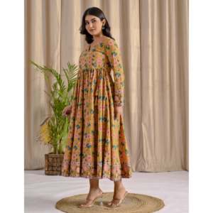 Yellow Jaal Printed Angrakha Long Dress with Flare Indian & Pakistani Clothing - Product Image 6