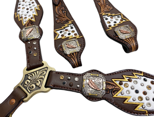 Bride de collier de poitrine en cuir perlé occidental sculpté à la main avec topaze pour l'équitation - Product Image 2