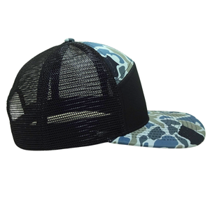 Sombrero de camionero de camuflaje azul y negro de 7 paneles, malla negra, transpirable, ajustable, ala plana, Snapback, hebilla de un solo pecho, OEM Unisex - Product Image 4