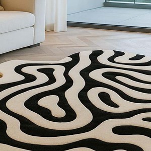 Alfombra de lana tejida a mano abstracta ondulada moderna personalizada negro blanco para sala de estar MOQ 1 pieza elegante alfombra abstracta para el hogar - Product Image 6