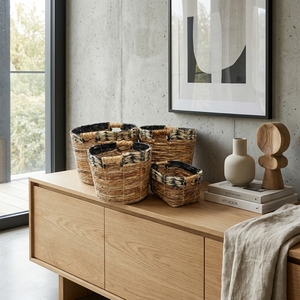 Natural Banana Bark Recycled <b>Plastic</b> Storage <b>Basket</b> Set Black Braided Rim Cutout Handle Pot Planter Organizer Setup Pure Art - Product Image 4