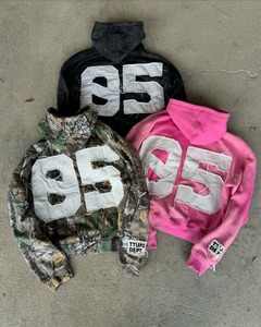 Coloré goutte épaule pleine fermeture éclair coton lourd en détresse Vintage 3d broderie Applique Patch Oem recadrée à capuche pour hommes - Product Image 2