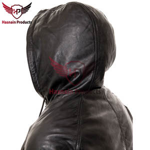 Veste à capuche en cuir noir pour homme de qualité supérieure avec taille élastiquée et deux poches zippées-Vêtements d'extérieur élégants pour la mode - Product Image 4