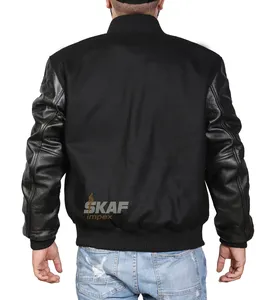 black <b>Wool</b> and <b>White</b> Genuine Leather Sleeves with Hoodie Letterman Baseball - Product Image 4