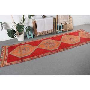 Turkish Vintage Rug, 3.1x10.8 ft Herki Rug, <b>Red</b> Plants & trees <b>Wool</b> Rug - Product Image 4