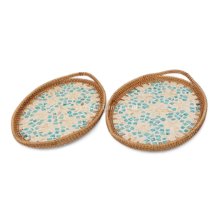 Plateau de service flexible en rotin naturel bohème et nacre pour servir des collations, des boissons et une utilisation quotidienne sur la table - Product Image 3