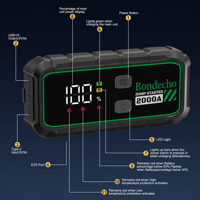 Démarreur portable à charge rapide 12V 2000A, batterie externe 20000mAh 74Wh, écran LCD, 3 modes, lampe torche, câbles de démarrage