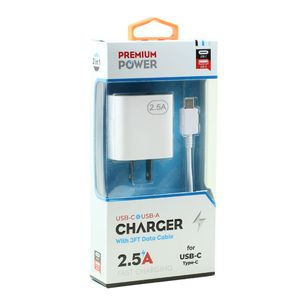 Ricarica rapida 2-in-1 a doppia porta caricatore da parete USB-A e USB-C 2.5A con cavo da 3FT USB a USB-C, dispositivi universali - Product Image 1