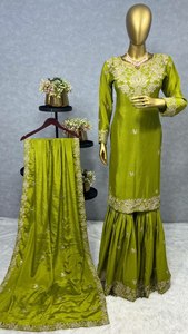 Bollywood inspiré vente chaude mariage et fête porter lourd Chinon soie Sharara robe sophistiqué cousu impression Collection - Product Image 4