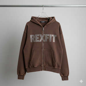 Sweat à capuche RexFit Sports marron à fermeture éclair avec logo en strass, sweat à capuche décontracté streetwear pour hommes et femmes, sweat à capuche marron de qualité supérieure à fermeture éclair - Product Image 6