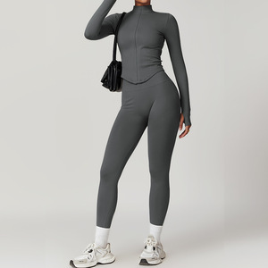 Ensemble de veste zippée à col montant sans couture pour femmes, ensemble de sport pour la course à pied en plein air, entraînement, leggings de yoga à taille élastique - Product Image 6