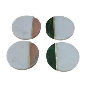 Marble And Wood <b>Coaster</b> set of 4 Pcs For Kitchen Use Fancy <b>Coaster</b> Set With White <b>Green</b> Marble And Wood Finished - Product Image 1