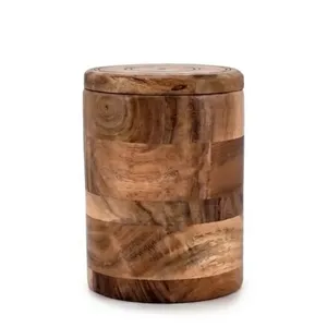 Pot de rangement artisanal en bois d'acacia avec couvercle, forme cylindrique, pour aliments, design minimaliste, récipient hermétique - Product Image 2
