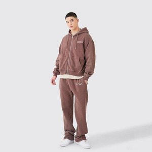 Wholesale XXL Printed Acid Washed Chocolate 2-Piece Streetwear <b>Oversized</b> Boxy Cropped Zipper <b>Hoodie</b> Baggy Sweatpants <b>Fleece</b> - Product Image 1