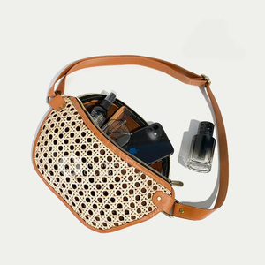 Nusantara fait à la main Willie rotin poignet sac toile doublé tissé bandoulière fourre-tout fermeture éclair plage dame plage fermeture éclair sac sangle doublure - Product Image 1