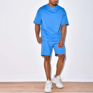 Ensemble 2 pièces décontracté pour homme coupe ample manches courtes t-shirt et short ensembles col rond léger 100% coton été - Product Image 5
