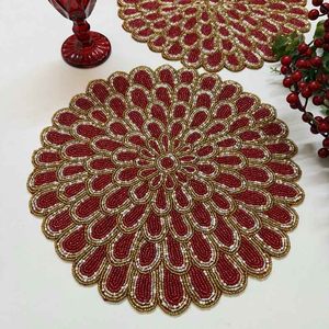 Set of Christmas handmade beaded <b>placemat</b> tablemat inch <b>red</b> and gold - Product Image 1