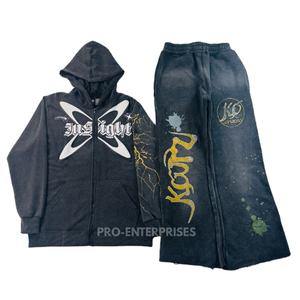PRO ENTERPRISES Ensemble de sweats à capuche pour homme en molleton 100% coton 420g, décontracté, uni, délavé à l'acide, respirant, pour l'hiver - Product Image 1