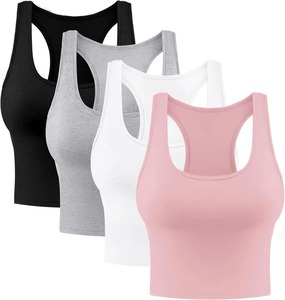 Débardeur court décontracté en tricot de coton/élasthanne pour femme, col rond, imprimé sérigraphié, anti-boulochage, 220g, haut de sport - Product Image 1