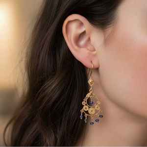 Pendientes Colgantes de Filigrana de Oro de 22K con Piedra de Zafiro, Garantía de 70 Años, Envío Rápido - Product Image 3