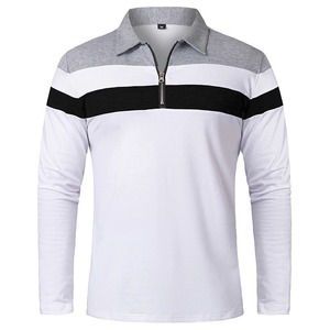 Polo à manches longues en tricot rayé bleu et blanc pour homme, fermeture éclair, sportif, séchage rapide, coupe classique - Product Image 4