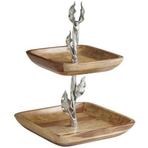 Soporte de madera para servir pasteles de 2 niveles Soporte de madera Premium para pasteles con soporte de hojas de plata de metal para el hogar o ocasiones especiales - Product Image 3