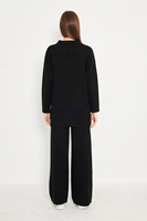 Conjunto de Suéter de Punto con Cuello en V para Mujer, Corte Holgado, Color Negro Sólido, Pantalones Largos Casuales, Transpirables, para Todas las Temporadas