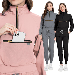 Venta al por mayor de los hombres Jogger sudaderas con capucha pantalones conjuntos cremallera 100% algodón elástico logotipo personalizado uniformes de Hospital Médico de manga larga - Product Image 1