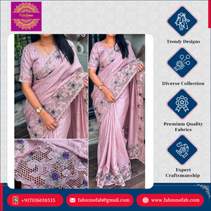 Sari en coton Tusser de qualité supérieure, élégant, traditionnel, magnifique, avec broderie et travail de découpe, disponible pour les occasions spéciales - Product Image 6