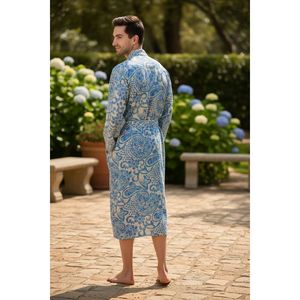 Kimono de Seda Suave con Estampado Floral Persa para Hombre, Estilo Boho Chic, en Tonos Beige y Azul, con Piel Sintética, para Casa de Playa, Talla Regal - Product Image 3