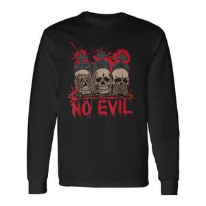 T-shirt à manches longues Halloween « Ne vois pas, ne dis pas, ne n'entends pas le mal » avec crânes et effets sanglants – Produit promotionnel - Product Image 1