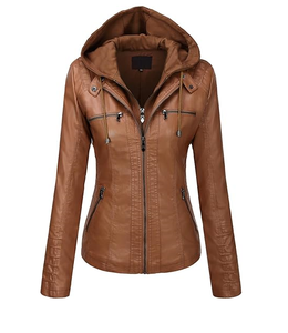 New Style Women Hooded Leather Jacket Two-piece Set Detachable Hat Leather Jacket Women's Spring and Autumn Leather Jacket OEM - Product Image 1
