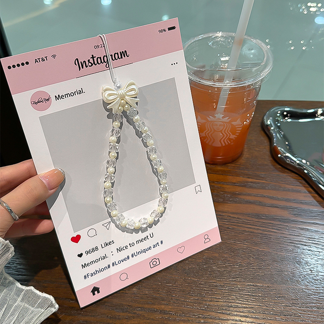 Korean Style Bowknot Beaded Lanyard White Pearl Charm Phone Wristlet Chain Cute Mobile Accessory Model BR-141 18cm