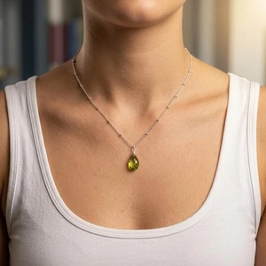 Collier pendentif goutte d'eau vert citron péridot d'été, chaîne satellite en argent sterling 925, pierre de naissance d'août, éclat authentique - Product Image 2