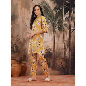 Women's Yellow Satin Chinnon Kurta with Three-Quarter Palazzos for Spring/Summer Printed <b>Tops</b> - Product Image 3